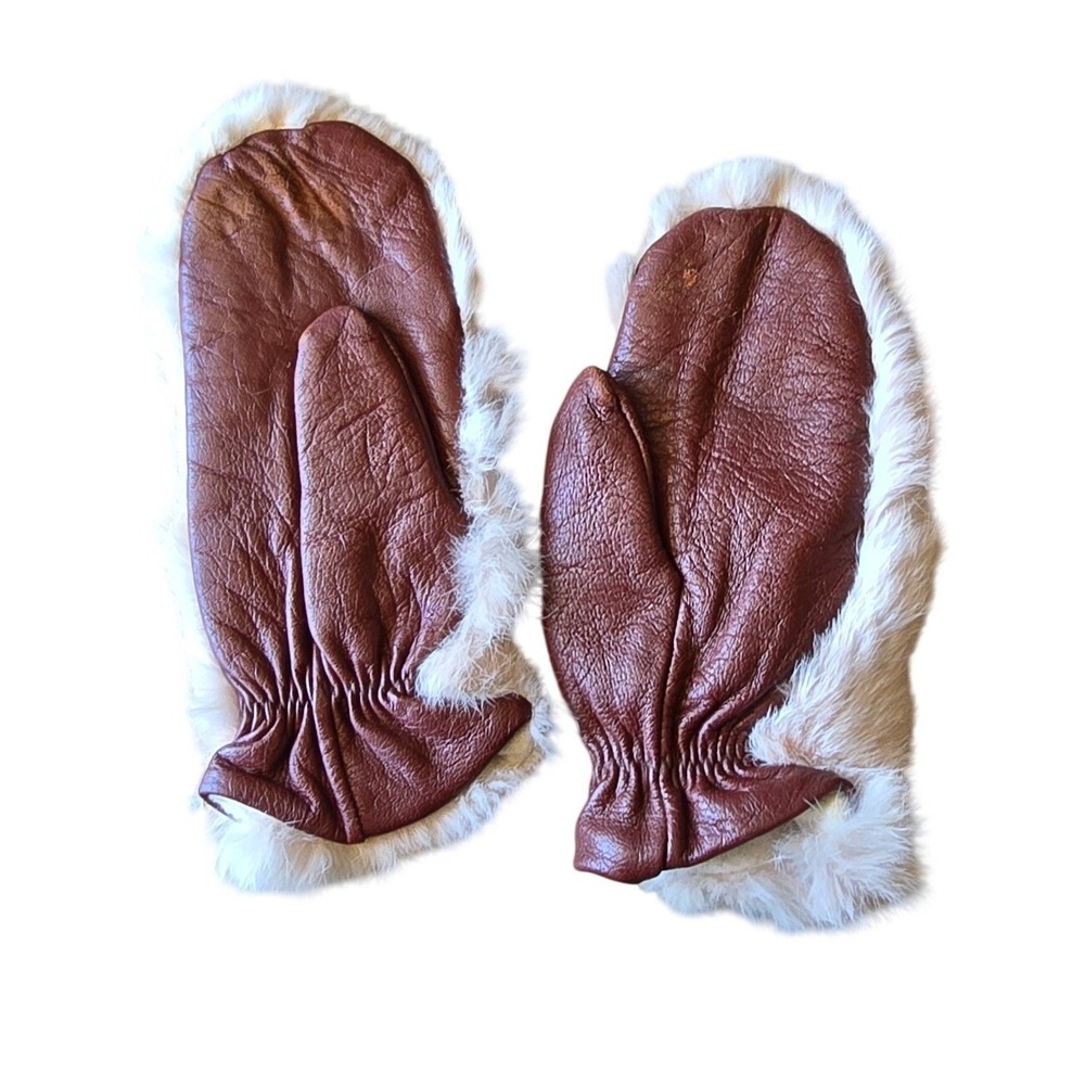 Vintage Handmade Brown Leather Real Fur Mittens Women Small Medium Winter Warm
